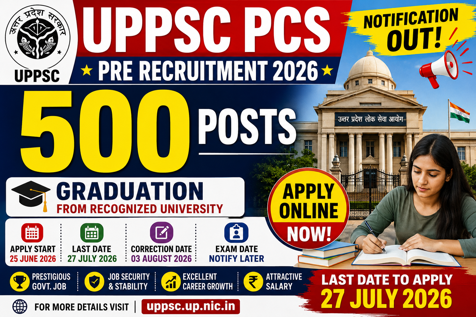 UPPSC PCS Pre Recruitment 2026 – Apply Online for 500 Posts | Notification Out